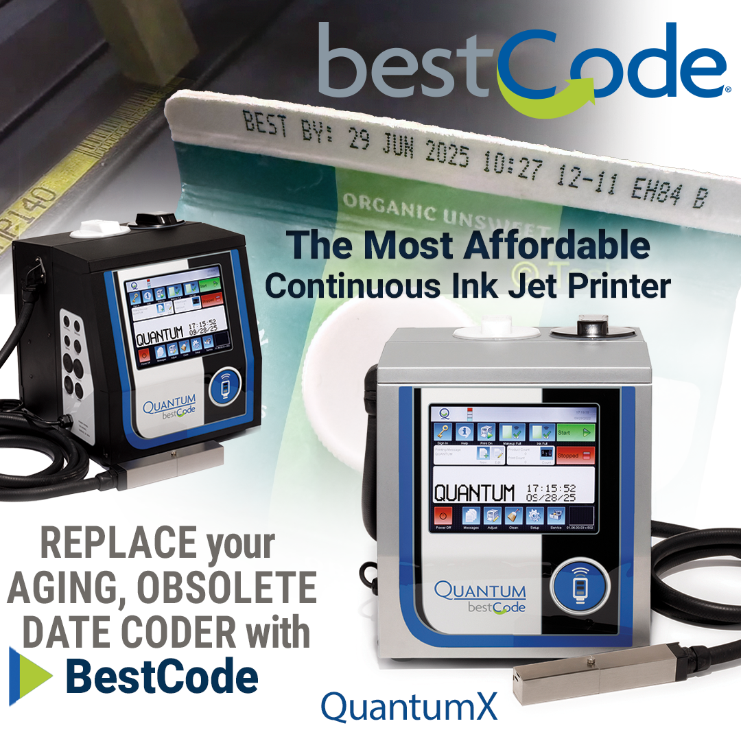 BestCode QuantumX CIJ printer with 10.4 inch colour touchscreen and printhead umbilical