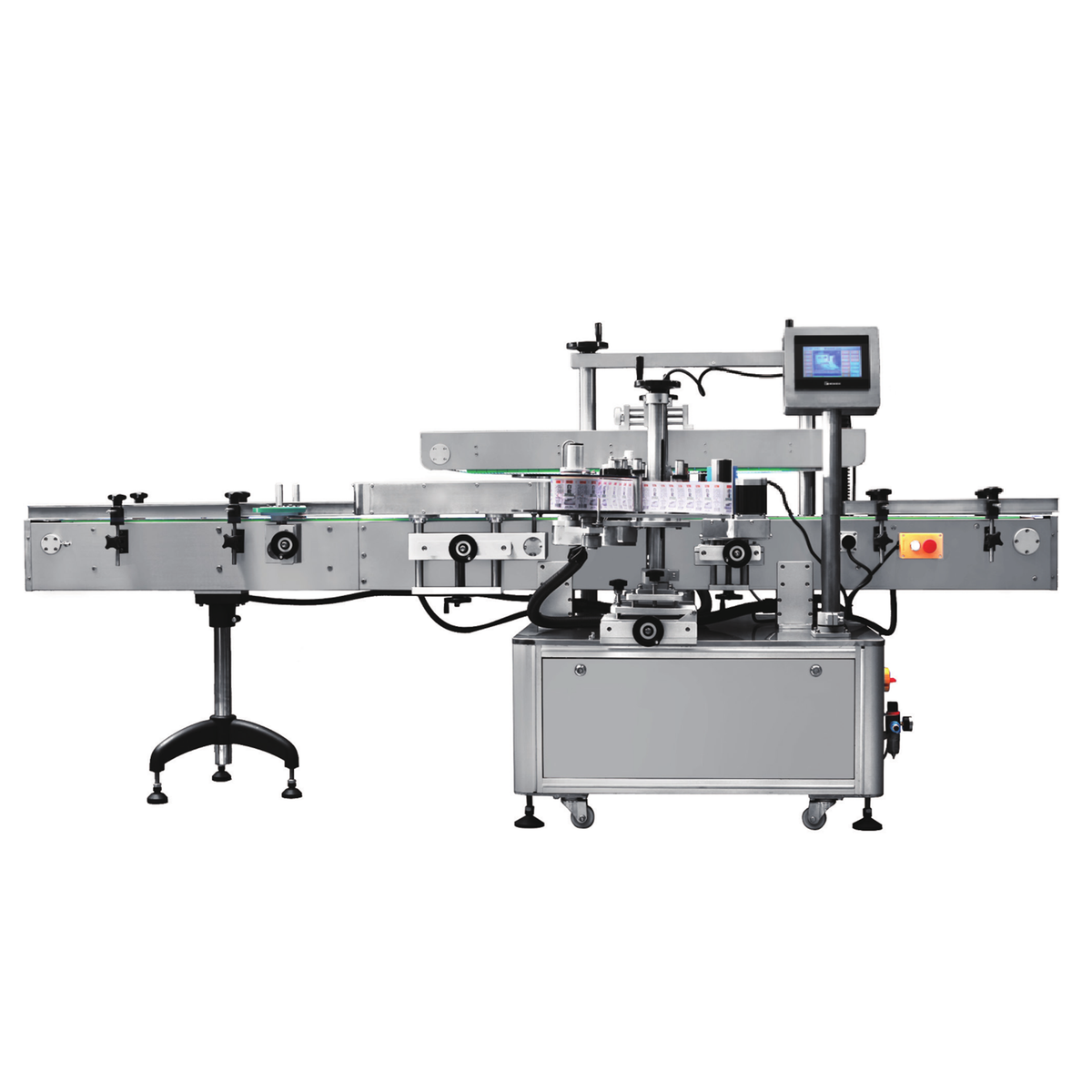 Automatic round product labeler with conveyor system for bottles
