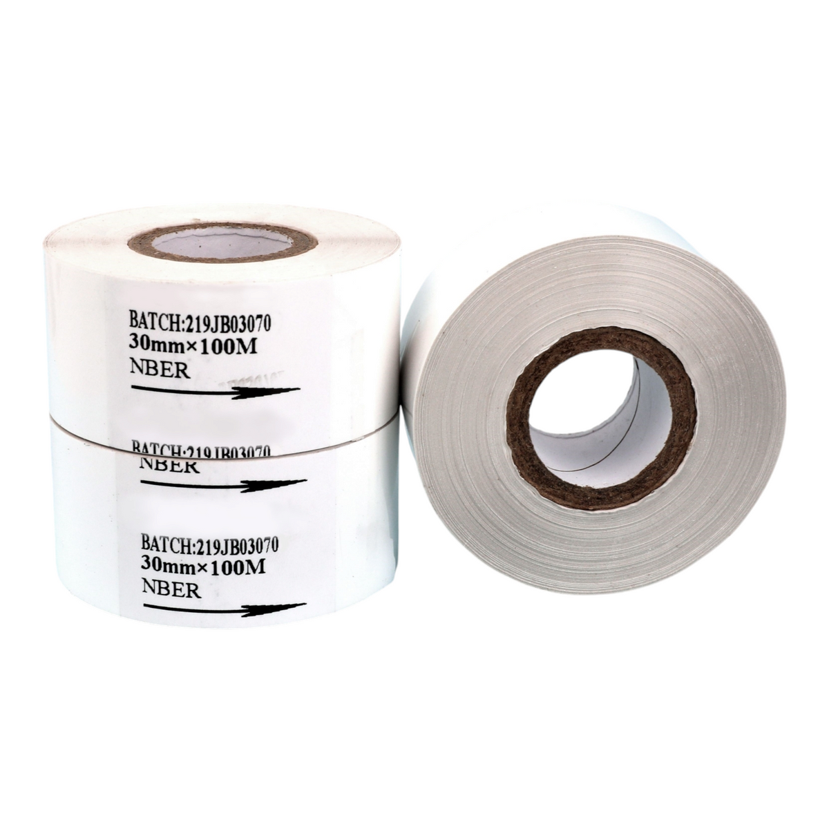 Roll of white hot stamp foil, 30mm by 100m, for date coding