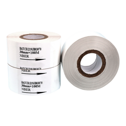 Roll of white hot stamp foil, 30mm by 100m, for date coding