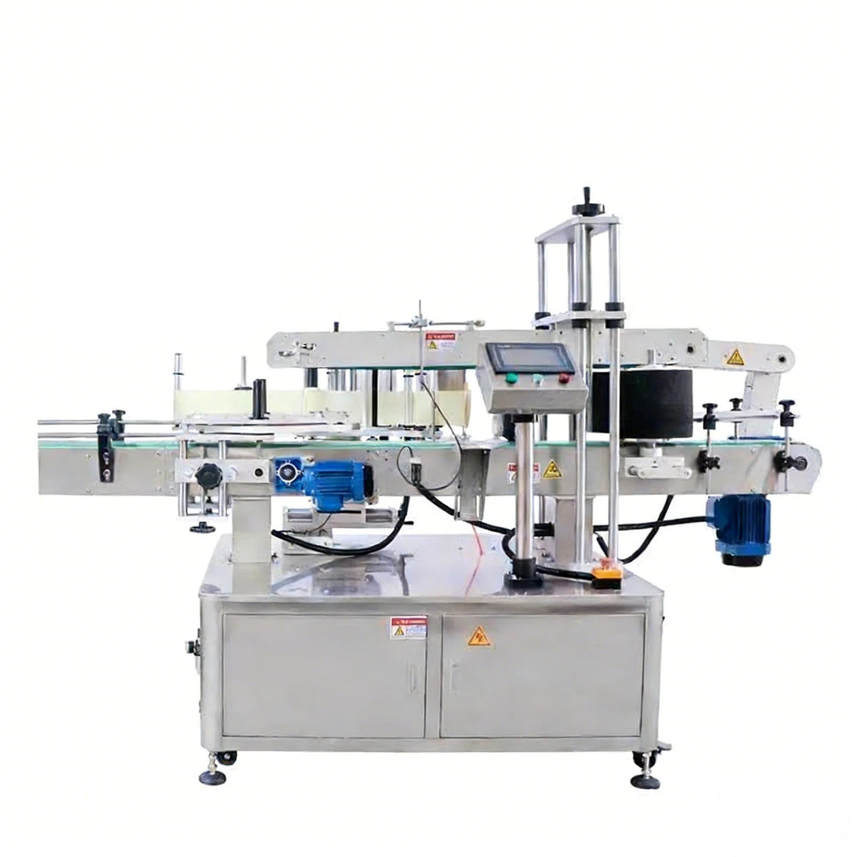Automatic three-side labeling machine for flat and square bottles