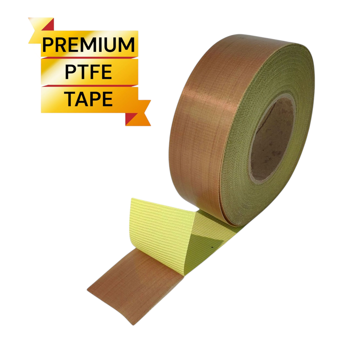 Roll of 5 mil PTFE coated fiberglass tape with yellow peel off liner